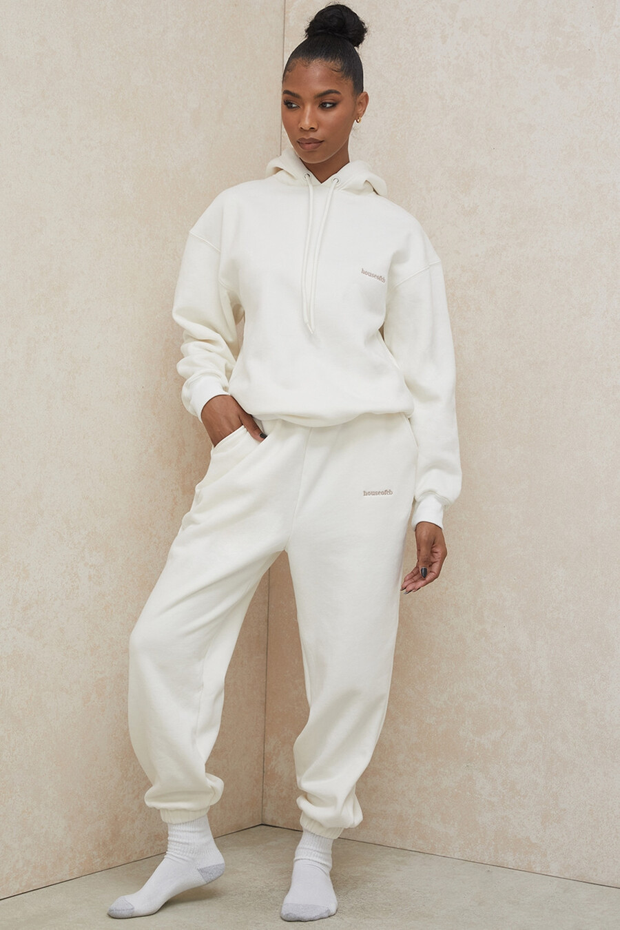 off white fleece joggingbyxor med rygg