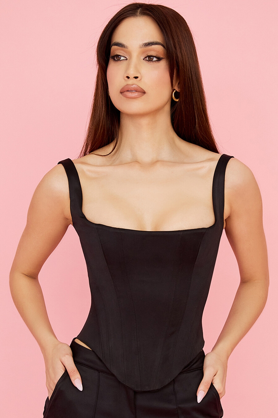 svart satin longline korsett