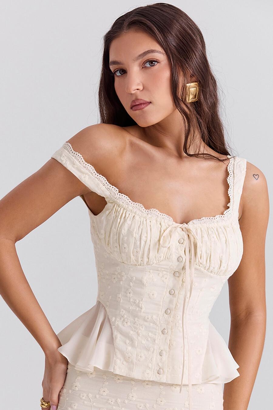 vintage cream cotton broderie anglais peplum top